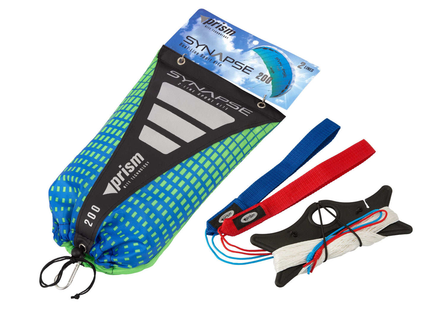 A composite photo showing the packaged blue/green Synapse 200 next to a set of dual-line flying lines on a winder
