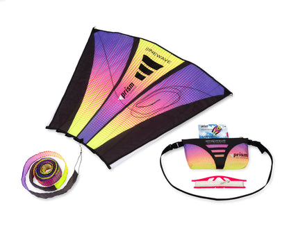 The Plasma colorway (yellow pink and purple) laid out with its accessories (waist pouch, flying line, and detachable tail)