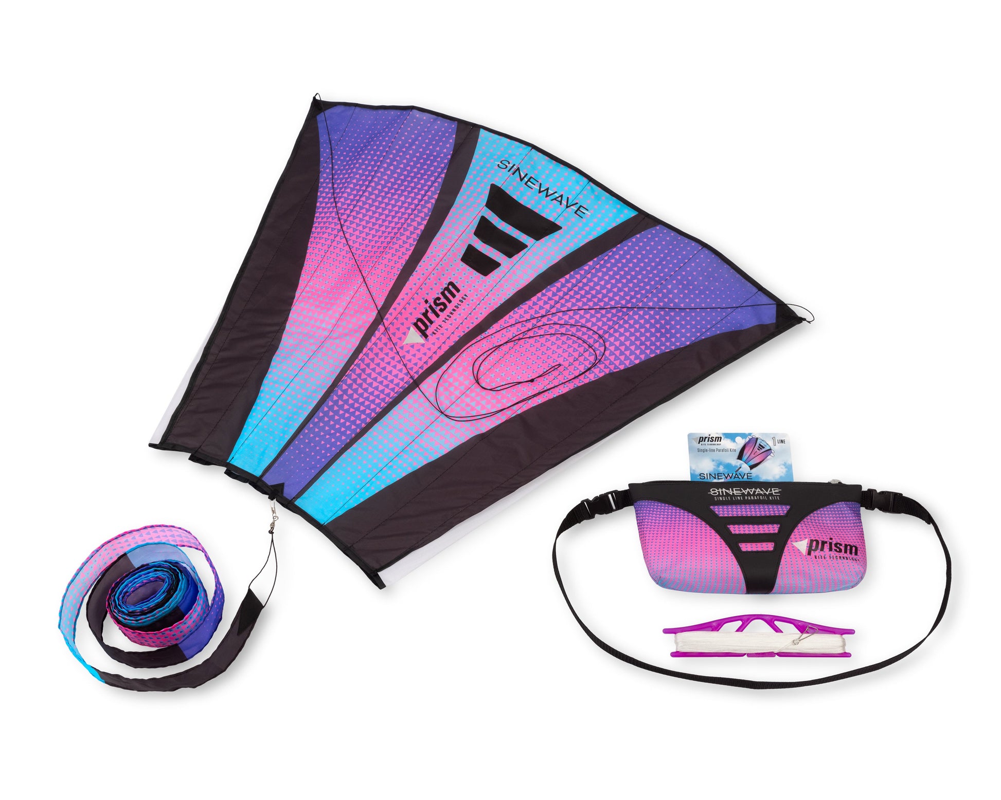 The Ultraviolet colorway (blue pink and purple) laid out with its accessories (waist pouch, flying line, and detachable tail)