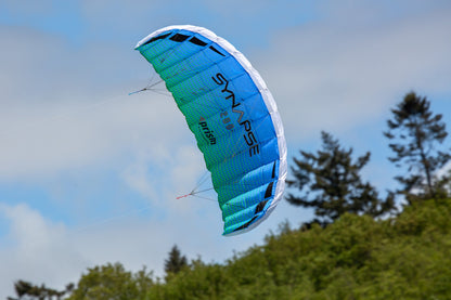 A blue/green Synapse 200 flying toward the right with trees and a cloudy blue sky behind it